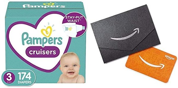 Cruisers Disposable Baby Diapers - Size 3, 174 Count, ONE Month Supply (Packaging May Vary) + $10 Amazon.com Gift Card