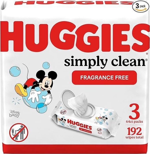 Simply Clean Fragrance-Free Baby Wipes, 3 Flip-Top Packs (192 Wipes Total)
