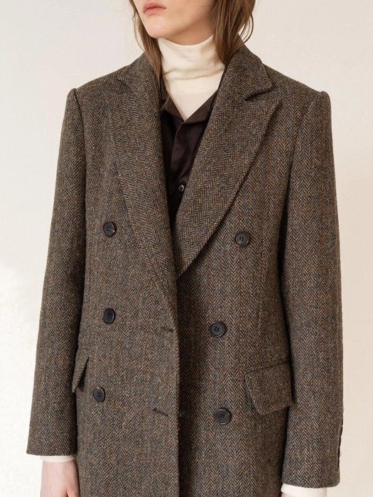 Harris Tweed Double Breasted Coat Brown