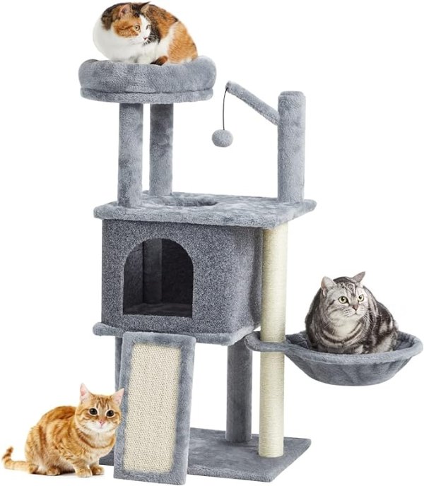 TSCOMON 36.6" Multi-Level Cat Tree Cat Tower for Indoor Cats, Plush Perch with Cat Condos and Scratching Posts with Hammock Basket and Hanging Ball, Grey
