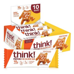 think! Protein Bars with Chicory Root for Fiber, Digestive Support, Gluten Free with Whey Protein Isolate, Salted Caramel, Snack Bars without Artificial Sweeteners, 1.4 Oz (10 Count)