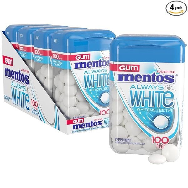 Mentos Always White Sugar-Free Chewing Gum with Xylitol, Peppermint, 100 Piece Bottle (Pack of 4)