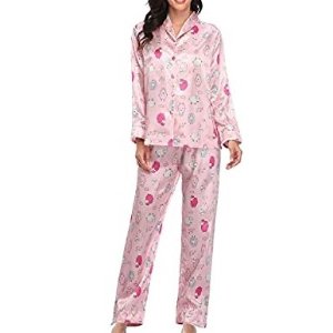 Womens Lightweight Satin Pajamas Set Sleepwear Silky Long Sleeve Button Down Rolled Collar Pjs