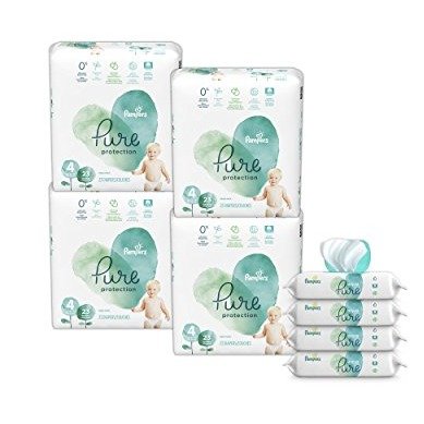 Pure Disposable Baby Diapers Size 4, 92 Count, Hypoallergenic and Fragrance Free Protection with Aqua Pure 4X Pop-Top Sensitive Water Baby Wipes, 224 Ct.