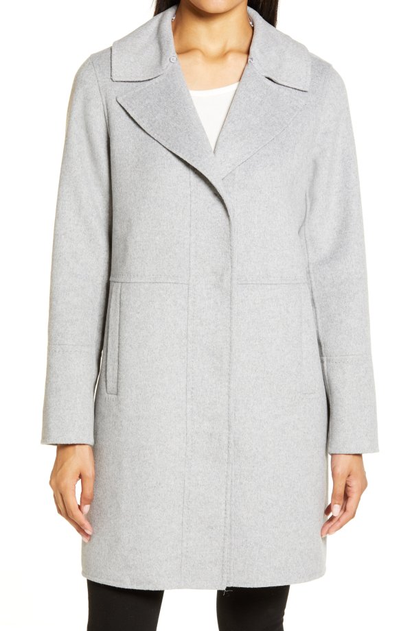 Double Face Wool Blend Coat with Removable Faux Fur Collar