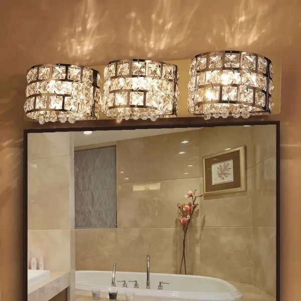 Modern Clear Crystals 3-Light Bath Vanity Wall Light in Chrome-Homary
