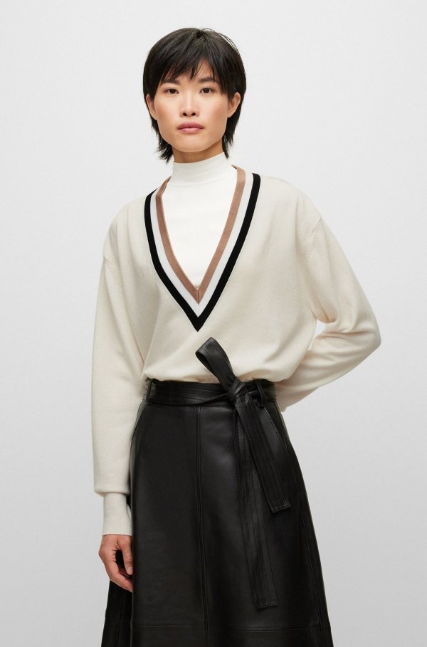 V-neck relaxed-fit sweater in wool and cashmere Nappa-leather A-line skirt with belted waist by BOSS