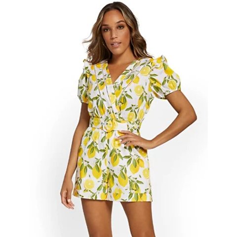 Lemon-Print Belted Romper - New York & Company
