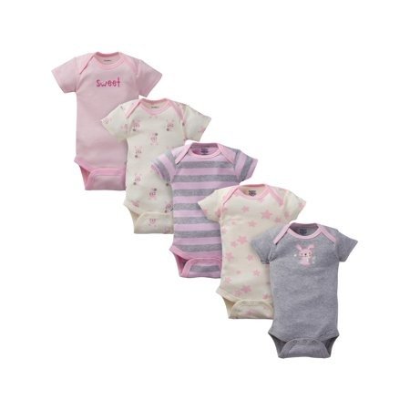 Organic Cotton Short Sleeve Onesies Bodysuits, 5 Pack (Baby Girls)