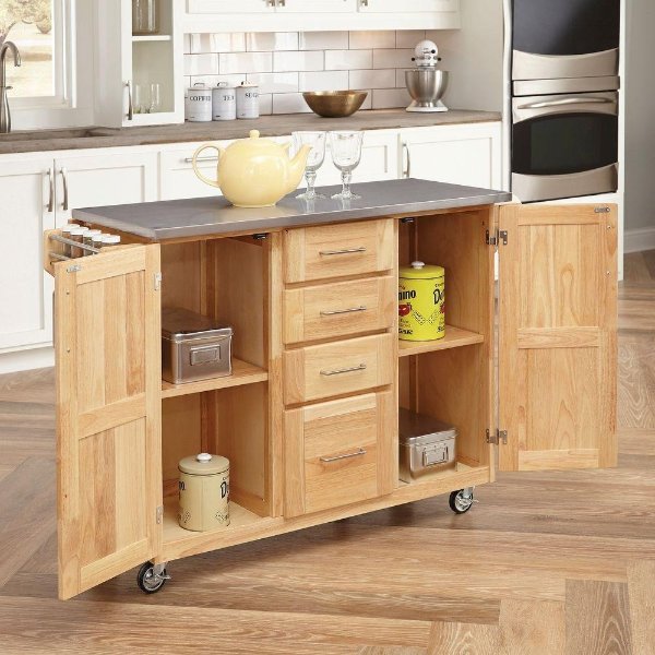 Natural Wood Kitchen Cart with Stainless Top and Breakfast Bar