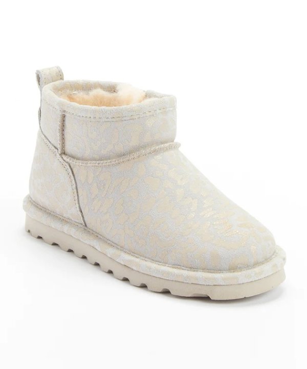 Winter White Leopard Glitter Shorty Exotic Youth Suede Ankle Boots - Girls