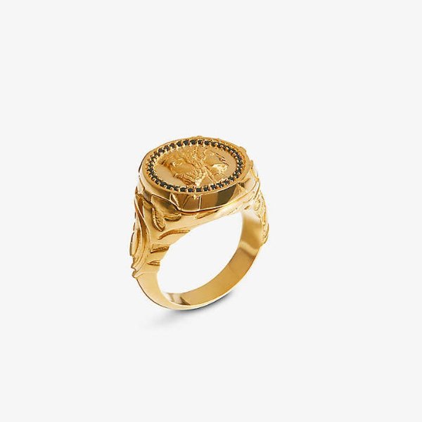 Harris Reed xrecycled 18ct yellow gold-plated brass and black cubic zirconia signet ring