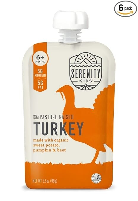 Serenity Kids 6+ Months Baby Food Pouches Puree Made With Ethically Sourced Meats & Organic Veggies | 3.5 Ounce BPA-Free Pouch | Pasture Raised Turkey, Sweet Potato, Pumpkin, Beet | 6 Count