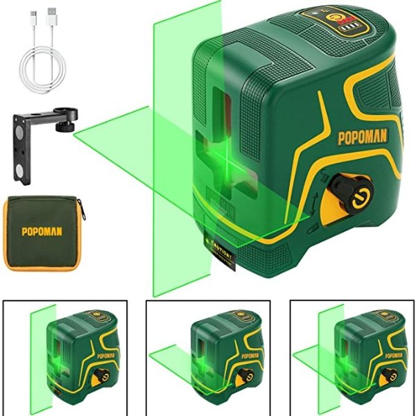 POPOMAN Laser Level Rechargeable, Green line laser, Three Modes with 2  Laser Heads, Horizontal/Vertical/Cross Line, 147ft, Self Leveling and Pulse