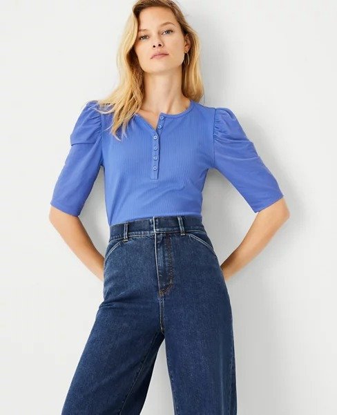 Ribbed Button Front Puff Sleeve Tee | Ann Taylor