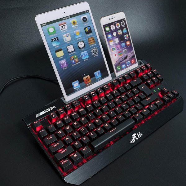 Rii 87键 青轴 红色背光机械键盘 带手机平板槽