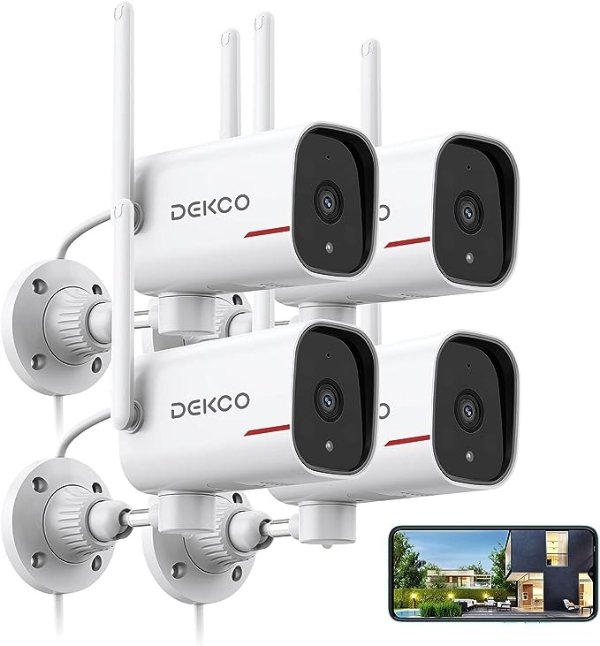DEKCO 4 Pack Wired Home Camera Outdoor with 2K Color Night Vision, Pan Rotating 180° Security Cameras Support 24/7 Recording, 2.4&5G WiFi, AI Human Auto Tracking, Work with Alexa/Google Assistant