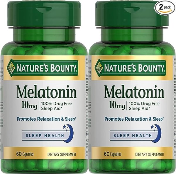 Melatonin by Nature's Bounty, 100% Drug Free Sleep Aid, Dietary Supplement, Promotes Relaxation and Sleep Health, 10mg, 60 Count(Pack of 2)