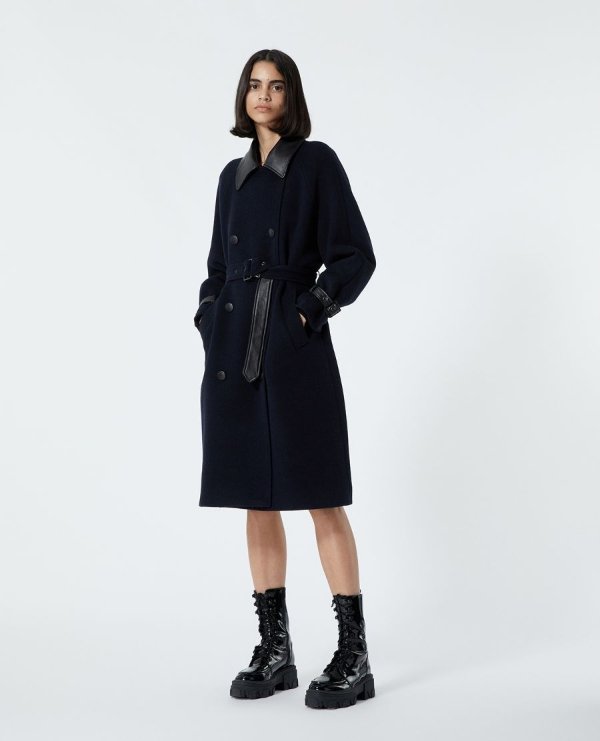 Trench-style navy blue wool coat