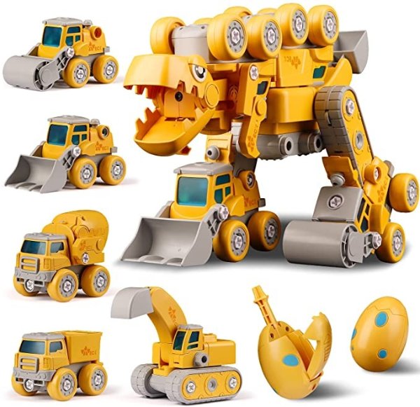 5 in 1 Take Apart Dinosaur Toys for Kids 3-5 ,5 Construction Trucks Transform into a Big Dinosaur Robot Toys ,STEM Building Toys Gifts for 4 5 6 7 8 Years Old Boys & Girls