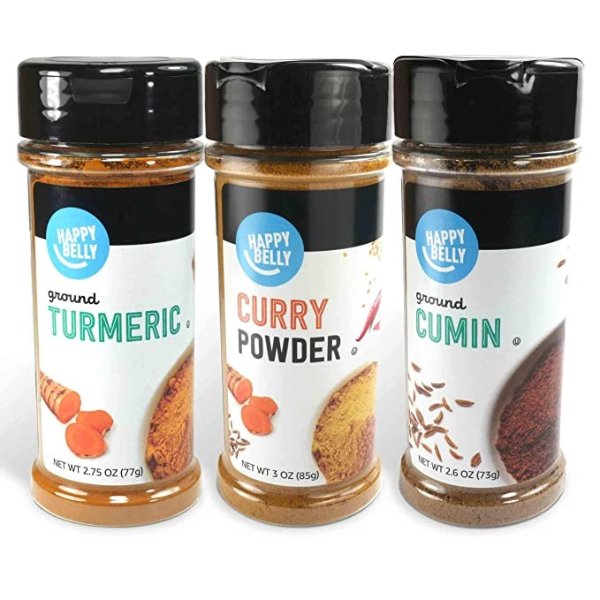 Amazon Brand - Happy Belly Indian Curry Spices Set: Curry Powder, Turmeric, Cumin