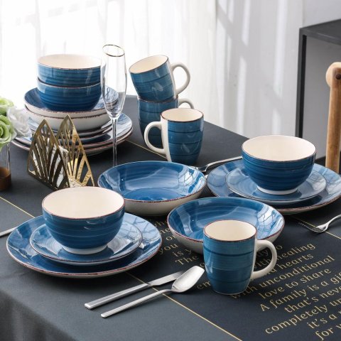 16-Piece Modern Concentric Circles Blue Porcelain Dinnerware Sets (Service for Set for 4)