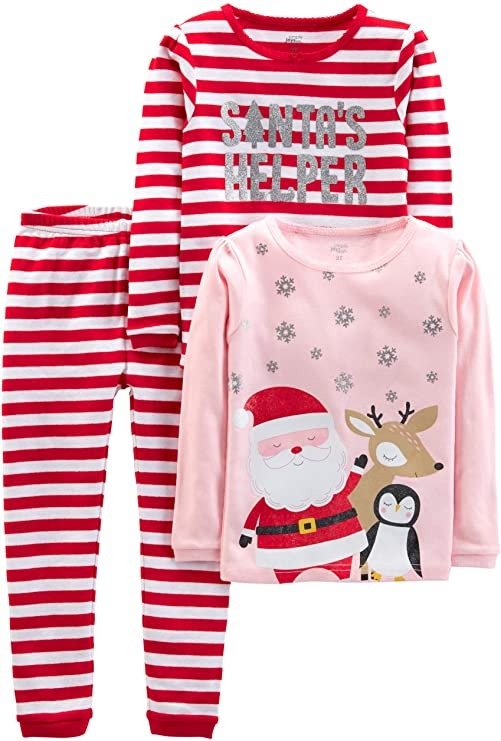 Baby, Little Kid, and Toddler Girls' 3-Piece Snug-Fit Cotton Christmas Pajama Set