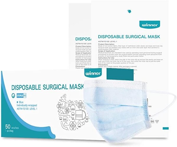 Blue Disposable Mask with Earloop,Each Individually Wrapped,3-Ply, 6.7”x3.5”, 50 PCS/Box