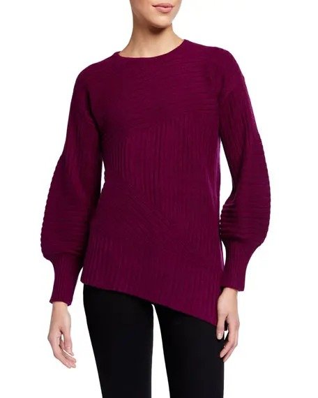 Cashmere Balloon-Sleeve Ribbed Sweater
