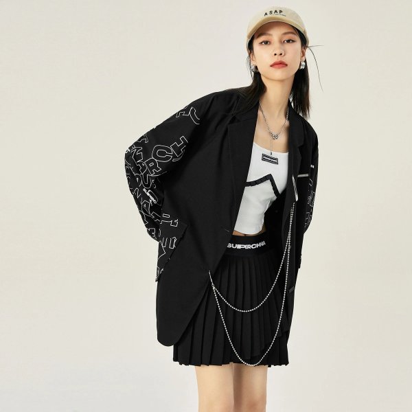 Letter Decor Lantern Sleeve Jacket | Peacebird Women Fashion