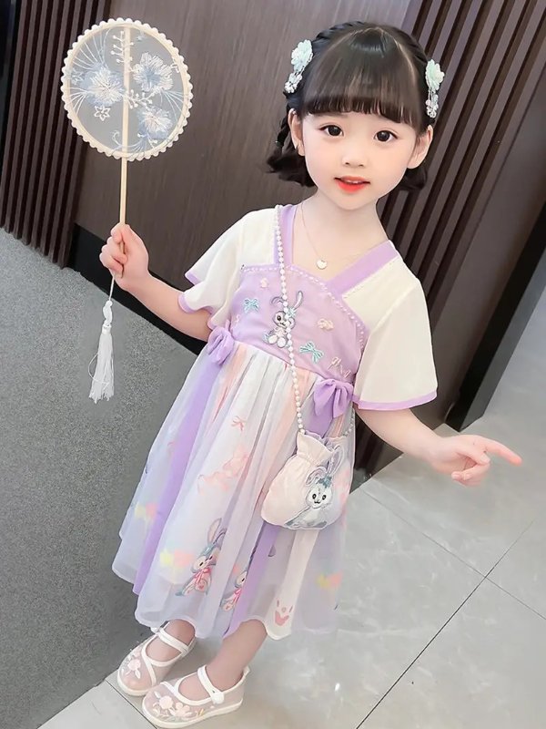 Temu Girls Elegant Cute Cartoon Rabbit Print Thin Hanfu Dress