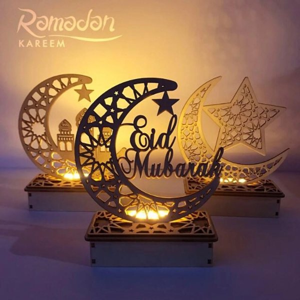 Wooden DIY Muslim Islamic Palace LED Eid Mubarak Decoration Decoration Star Moon Wood Islamic Mosque Plaque DIY Home Decor