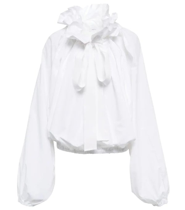 Ruffled tie-neck cotton blouse