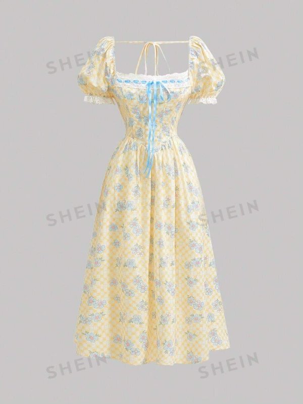 MOD Yellow Check & Floral Print Fishbone Dress With Lace Trim,Yellow Dress,Long Beach Dress,Vintage |USA