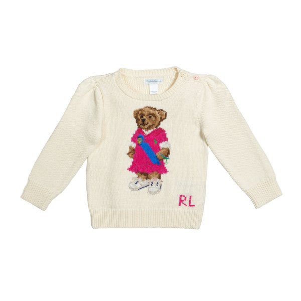 Girl's Polo Bear Intarsia Rib Knit Sweater, Size 9-24M