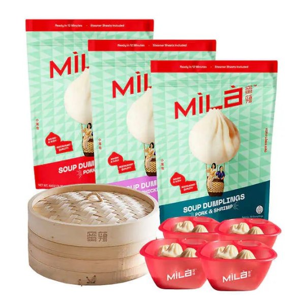 Mila Starter Pack Xiao Long Bao Soup Dumplings  Bags, 1 Bamboo Steamer, 4 Dipping Bowls