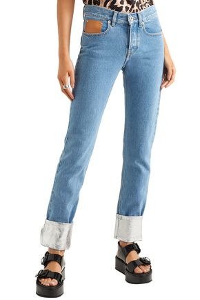 Metallic-trimmed high-rise straight-leg jeans