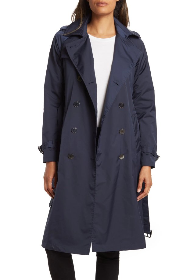 Double-Breasted Belted Rain Trench Coat