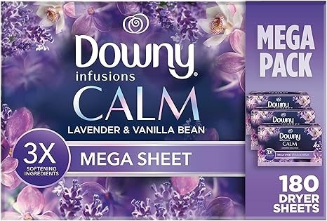 Infusions Mega Dryer Sheets, Laundry Fabric Softener, CALM, Lavender and Vanilla Bean, 180 Count