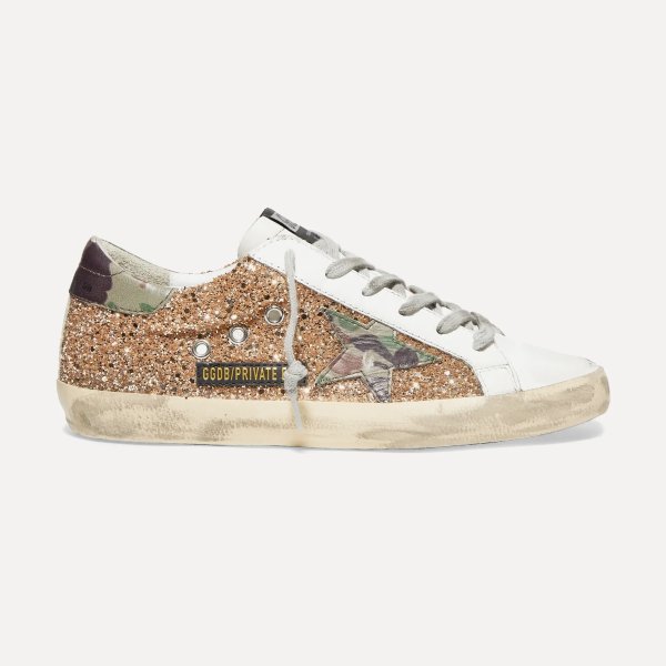 Superstar glittered distressed leather sneakers
