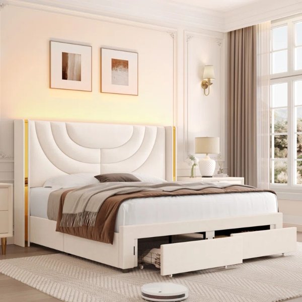 Sturminster Velvet Upholstered Wingback Storage Bed, Wall Wash LED Light Headboard