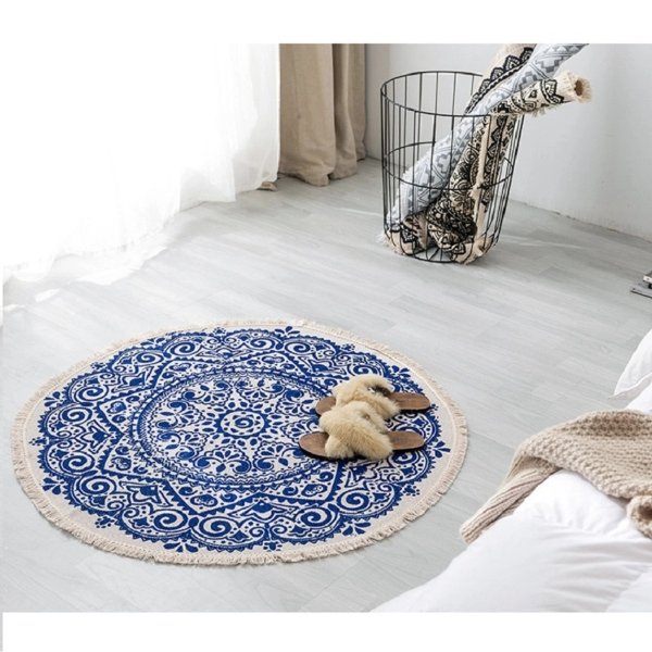 Retro Round Carpet For Living Room Bedroom Cotton Linen Tassels Rug Yarn Dyed Tapestry Mat Home Decoration