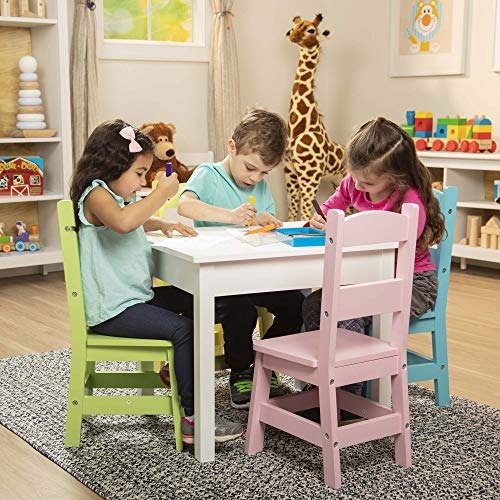 Kids Furniture, Wooden Table & 4 Chairs (White Table, Pastel Pink, Yellow, Green, Blue Chairs, 20.5” H x 23.5” W x 20” L)