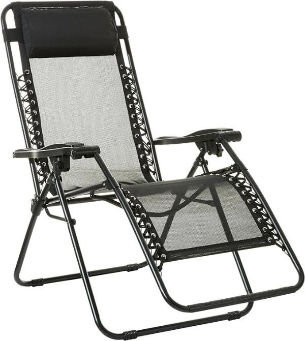 Amazon Basics Outdoor Textilene Adjustable Zero Gravity Folding Reclining Lounge Chair with Pillow, 26", Black