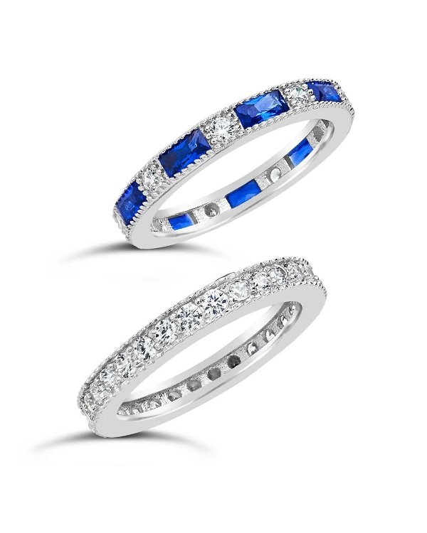 925 纯银蓝宝石蓝色 CZ 叠戴戒指 2 件套