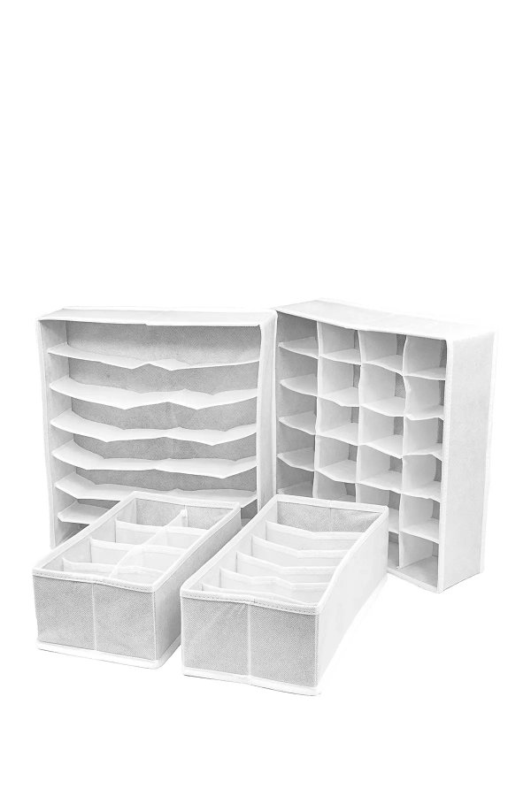 可折叠抽屉分隔板、储物盒和收纳盒 - 4 件套 - 白色