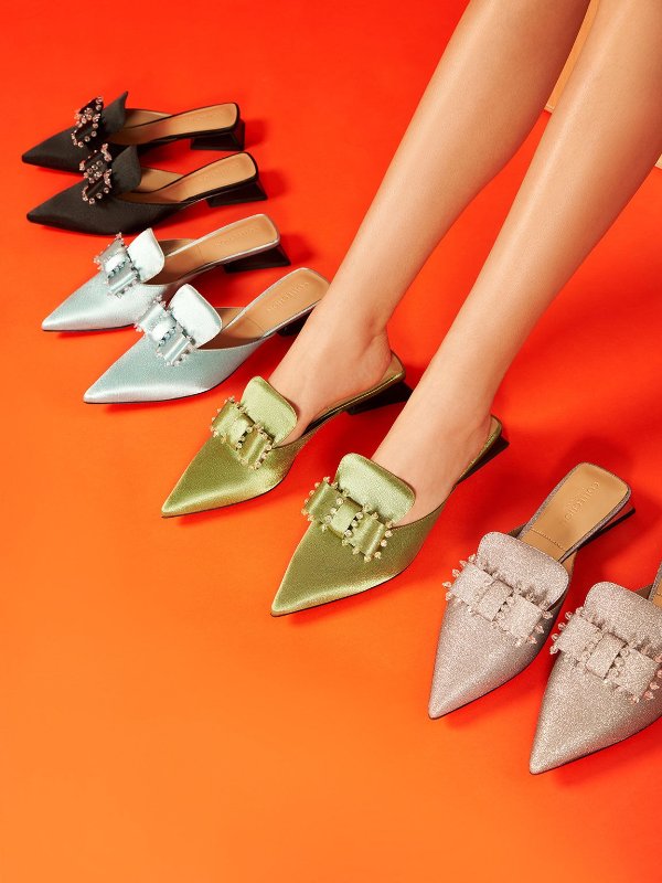 Green Satin Bead-Embellished Loafer Mules | CHARLES &amp; KEITH