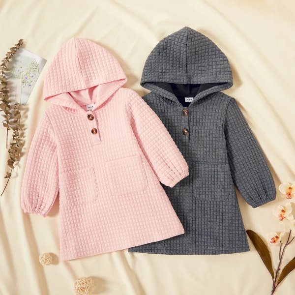 Toddler Girl Textured Button Design Hooded Sweatshirt Dress