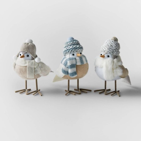 3pc Mini Fabric Winter Bird Decorative Figurine Set Gray 