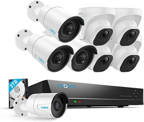 5MP 16CH POE Security Camera System, 8pcs 5MP PoE Cameras with 16 Channel PoE NVR Recorder, Pre-Installed 3TB Hard Drive, Waterproof for Outdoor Indoor Use, 24/7 Recording,100ft Night Vision